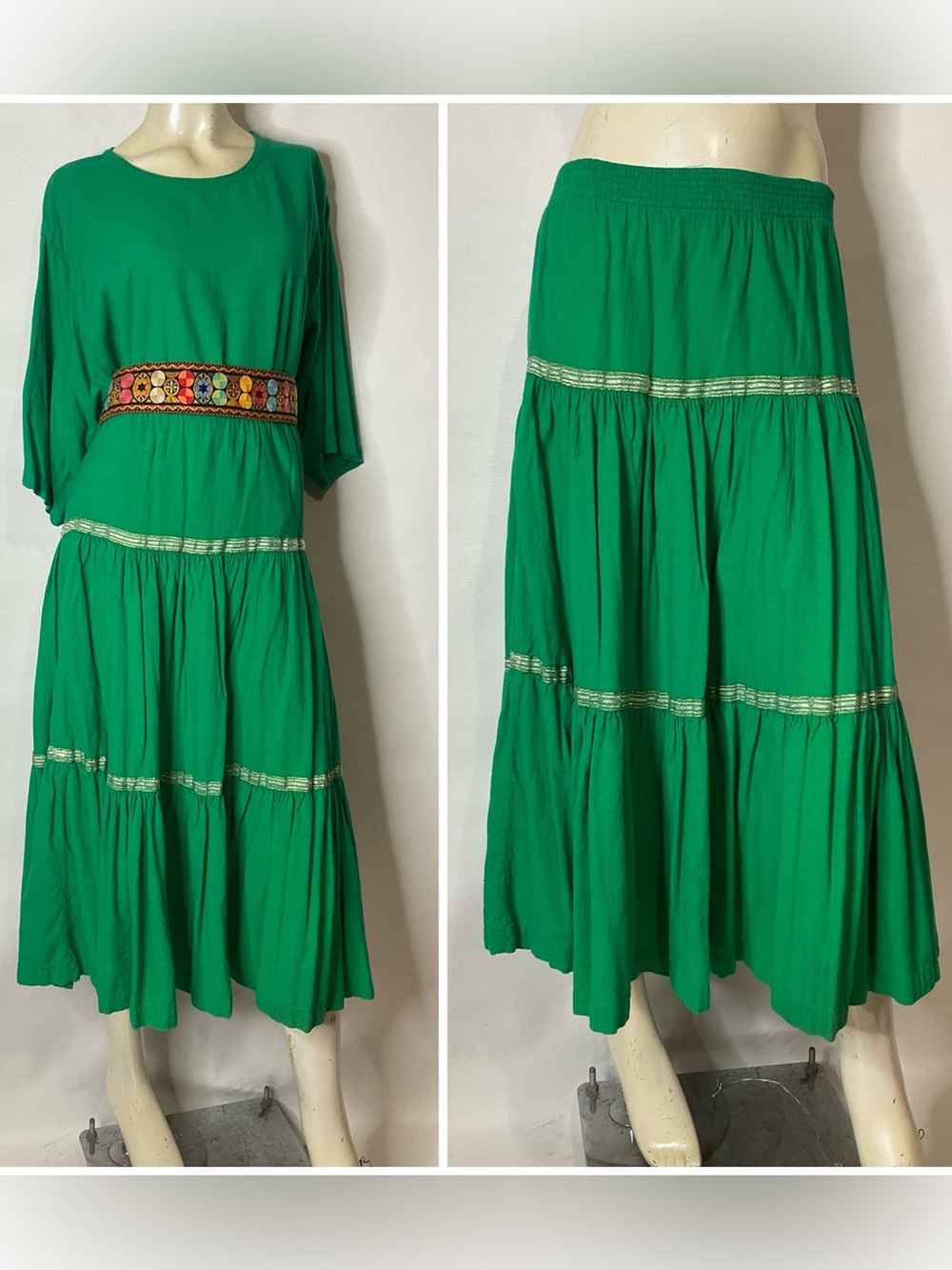 Vintage New Hero Native American Green Cotton Relaxed Maxi Skirt Set Size Medium